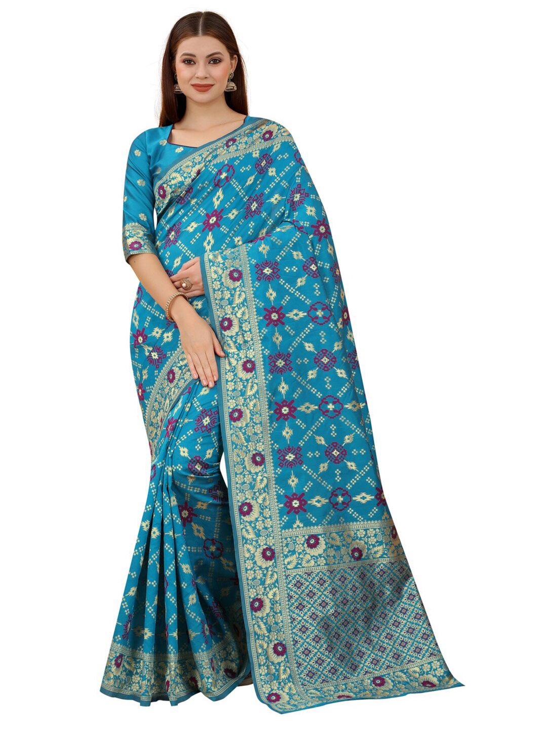 MOKSHA DESIGNS Turquoise Blue & Maroon Ethnic Motifs Zari Pure Silk Kanjeevaram Saree Price in India