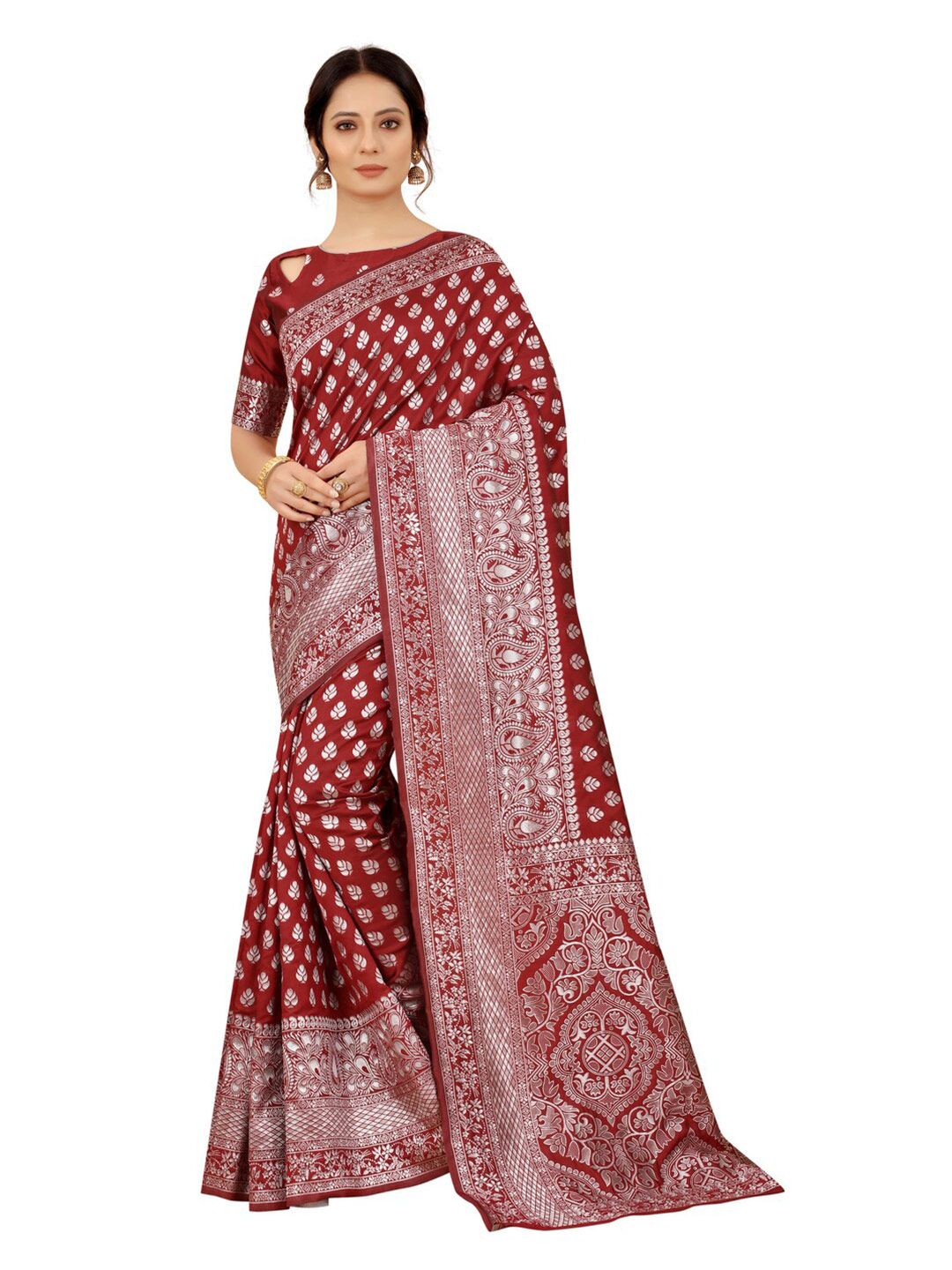 MOKSHA DESIGNS Maroon & Silver-Toned Paisley Zari Pure Silk Kanjeevaram Saree Price in India