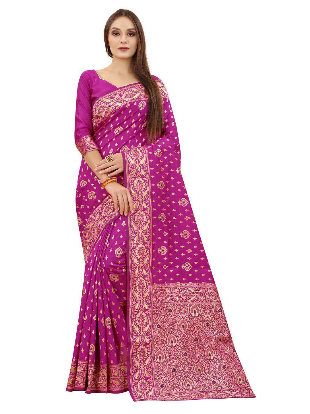 MOKSHA DESIGNS Pink & Gold-Toned Ethnic Motifs Zari Pure Silk Kanjeevaram Saree Price in India