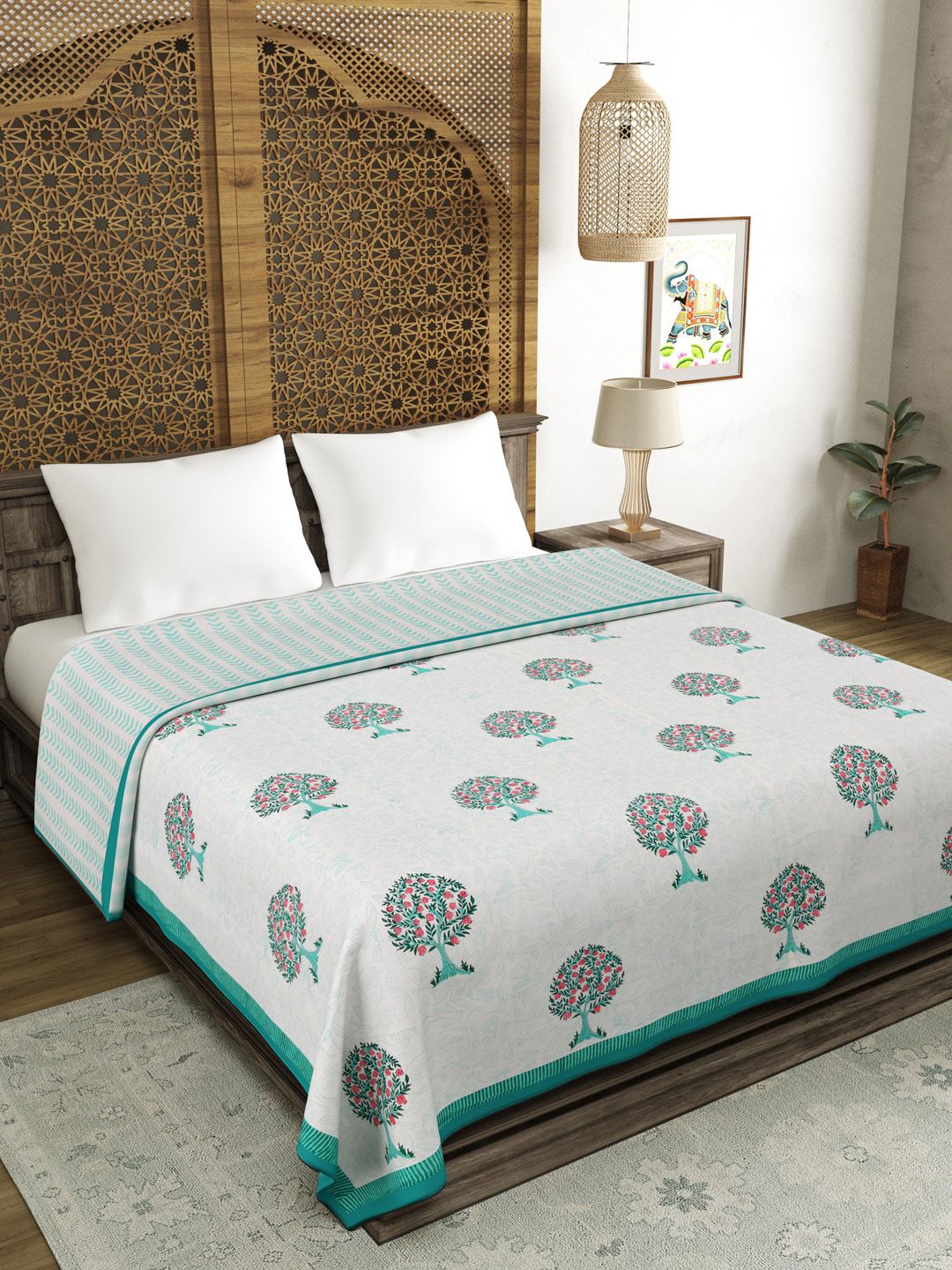 BLOCKS OF INDIA Turquoise Ethnic Motifs AC Room 150 GSM Double Bed Dohar Price in India