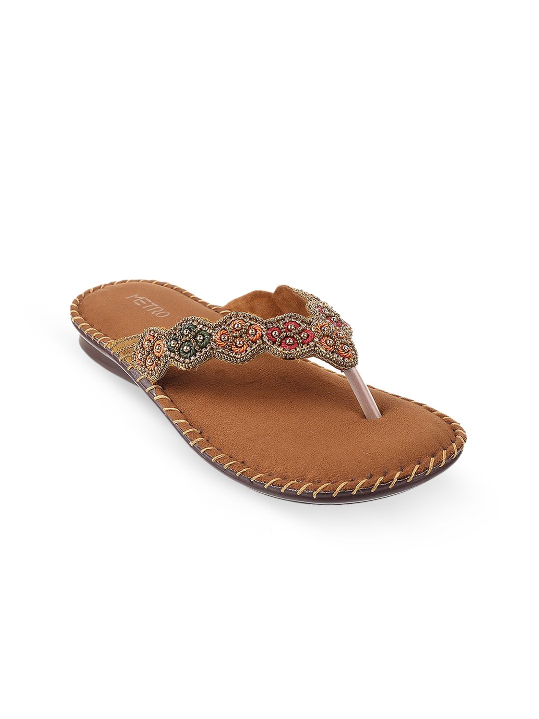Metro Metro Women Brown Gold-Toned Embellished Open Toe Flats