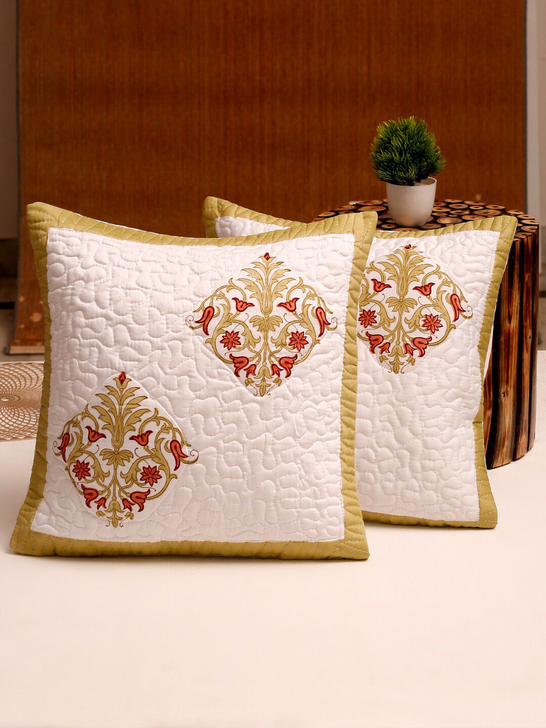 Rajasthan Decor White & Red Set of 2 Ethnic Motifs Square Cushion Cotton Covers Price in India
