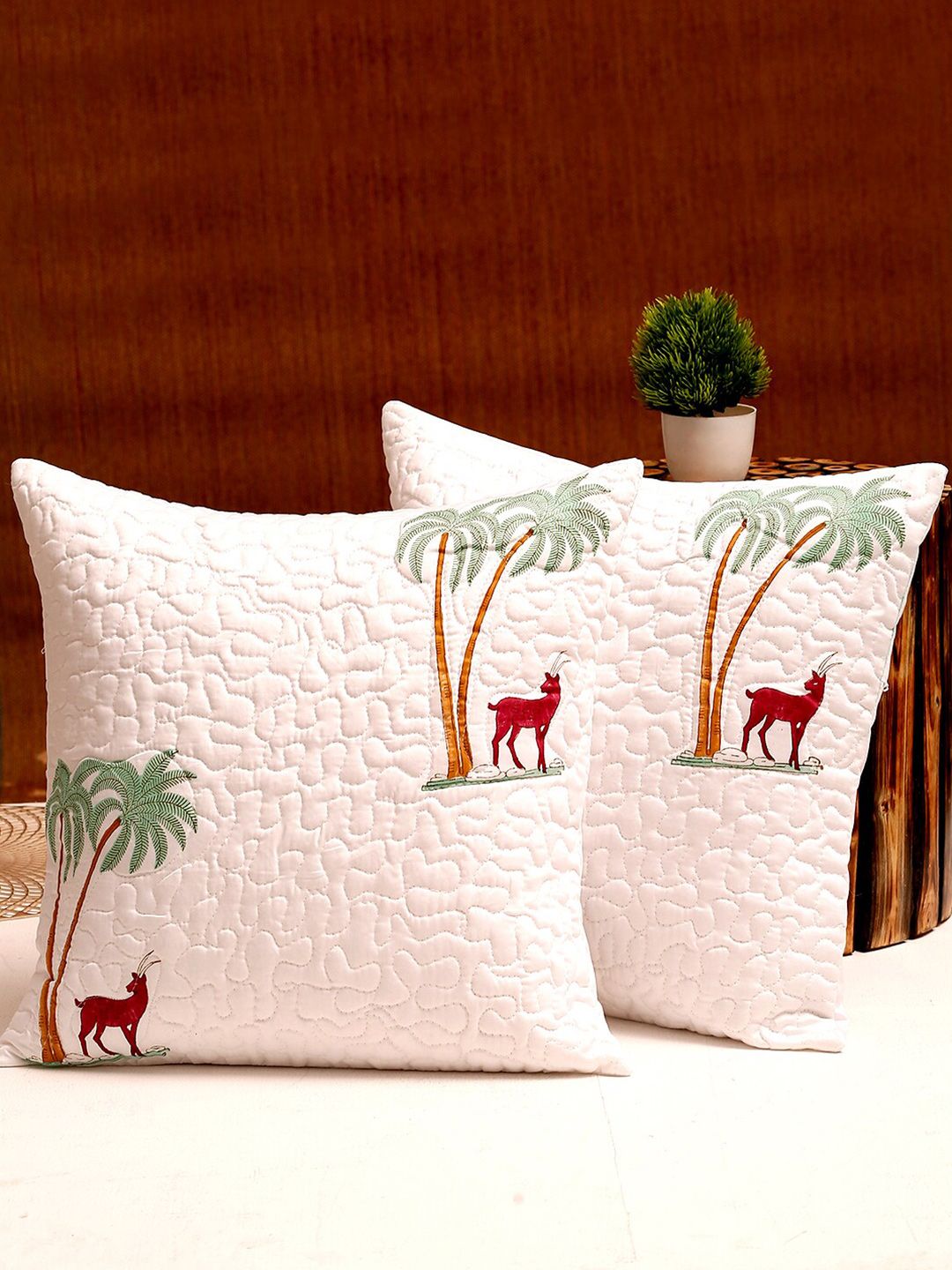 Rajasthan Decor White & Green Set of 2 Tropical Square Cushion Cotton Covers Price in India