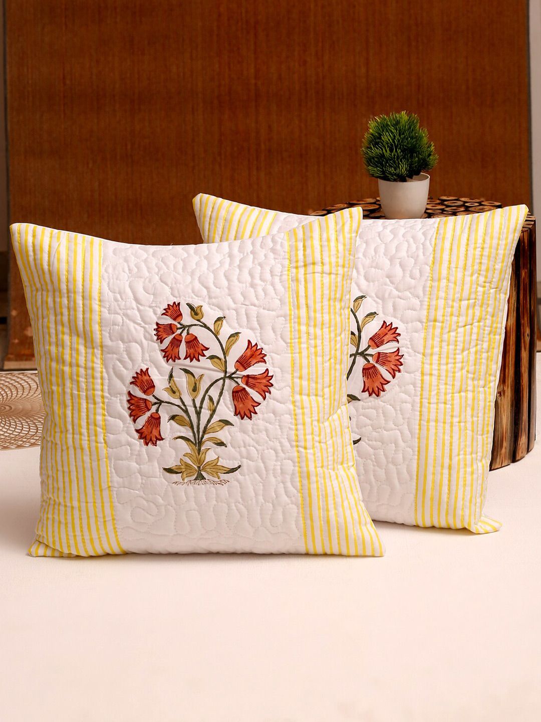 Rajasthan Decor White & Rust Set of 2 Floral Square Cushion Cotton Covers Price in India