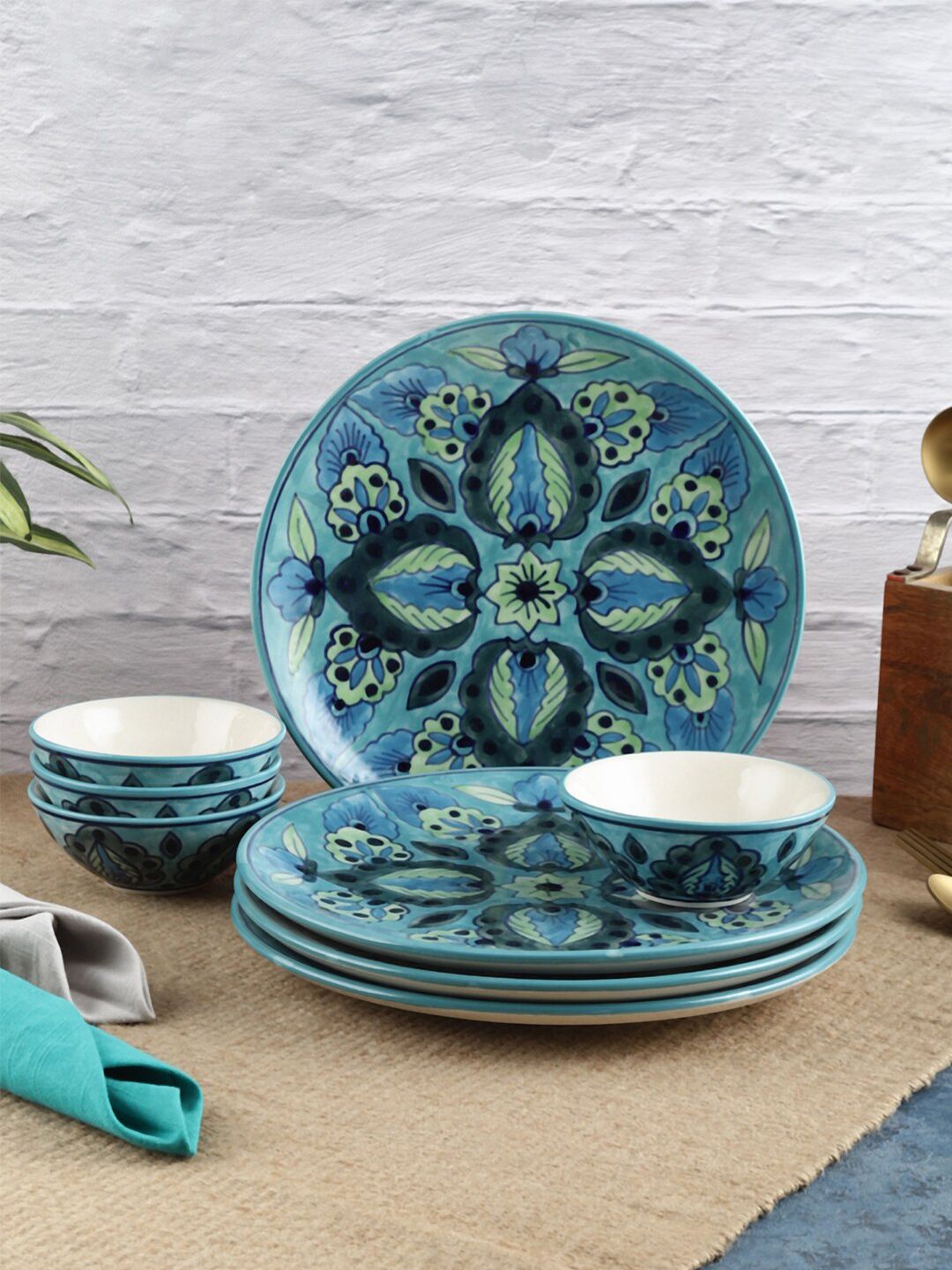 VarEesha Green & Blue 8 Pieces Handcrafted and Hand Painted Printed Ceramic Glossy Dinner Set Price in India