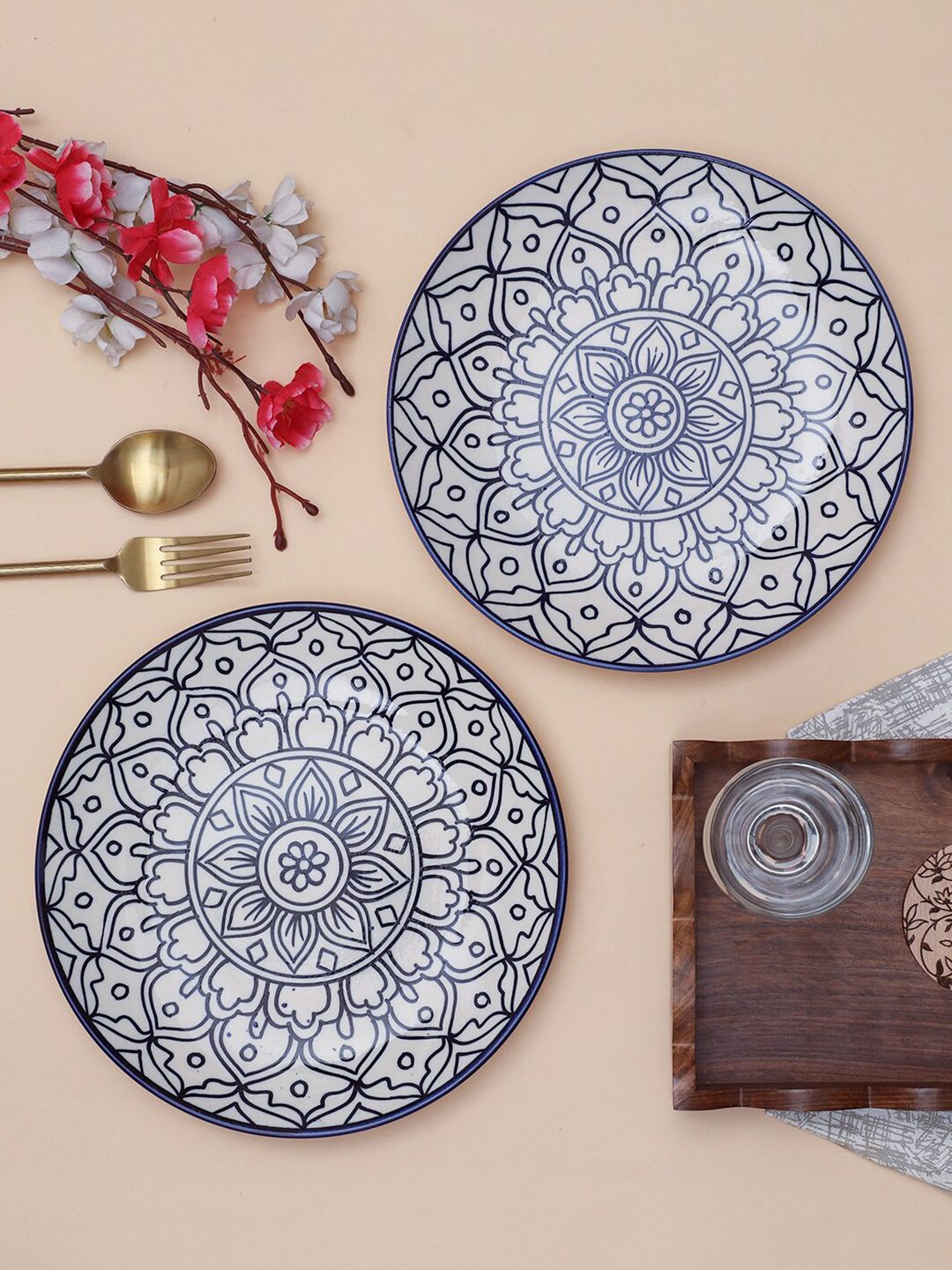 VarEesha Off White & Blue 2 Pieces Handcrafted and Hand Painted Printed Ceramic Glossy Plates Price in India