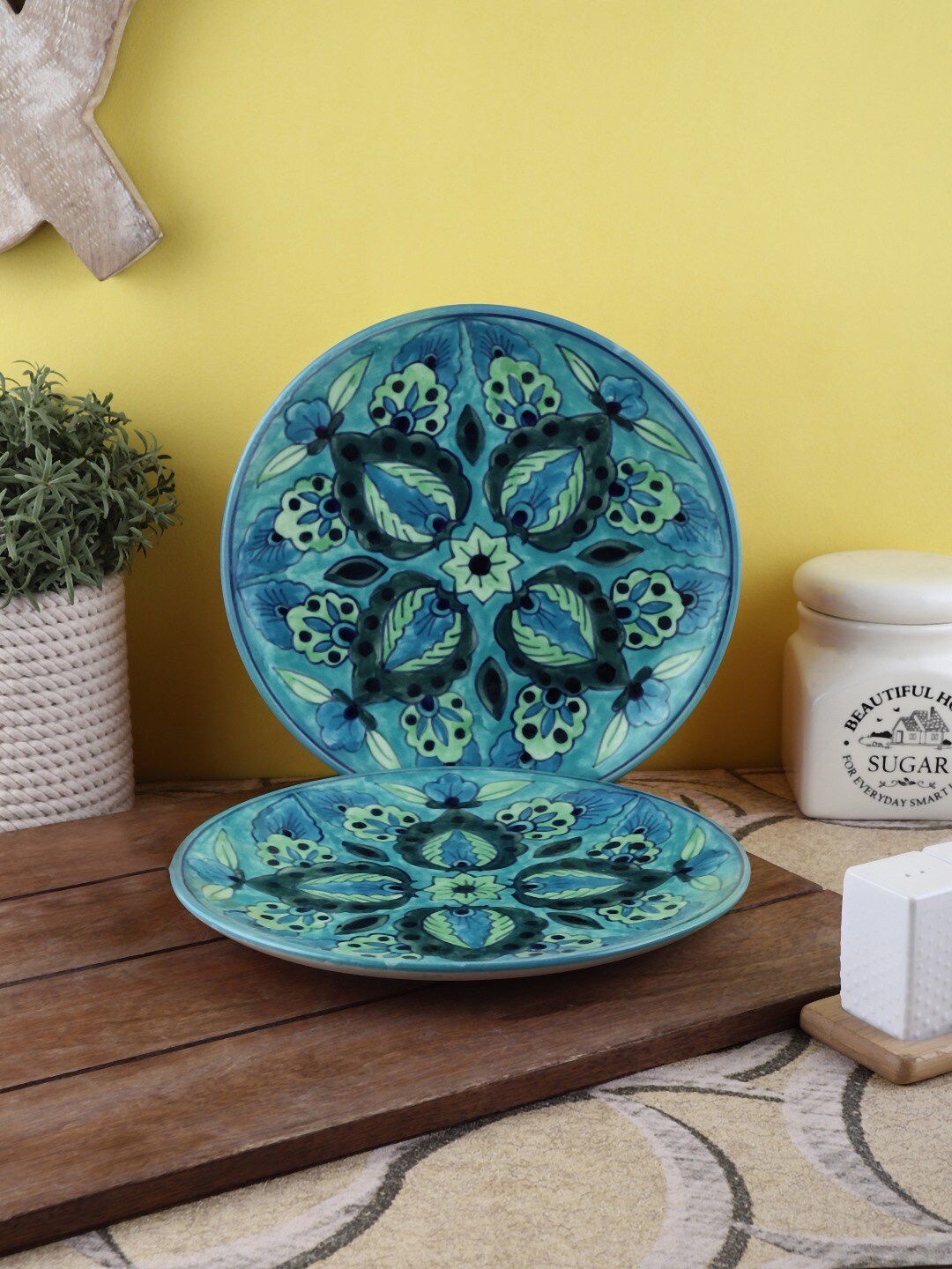 VarEesha Sea Green & 2 Pieces Handcrafted and Hand Painted Printed Ceramic Glossy Plates Price in India