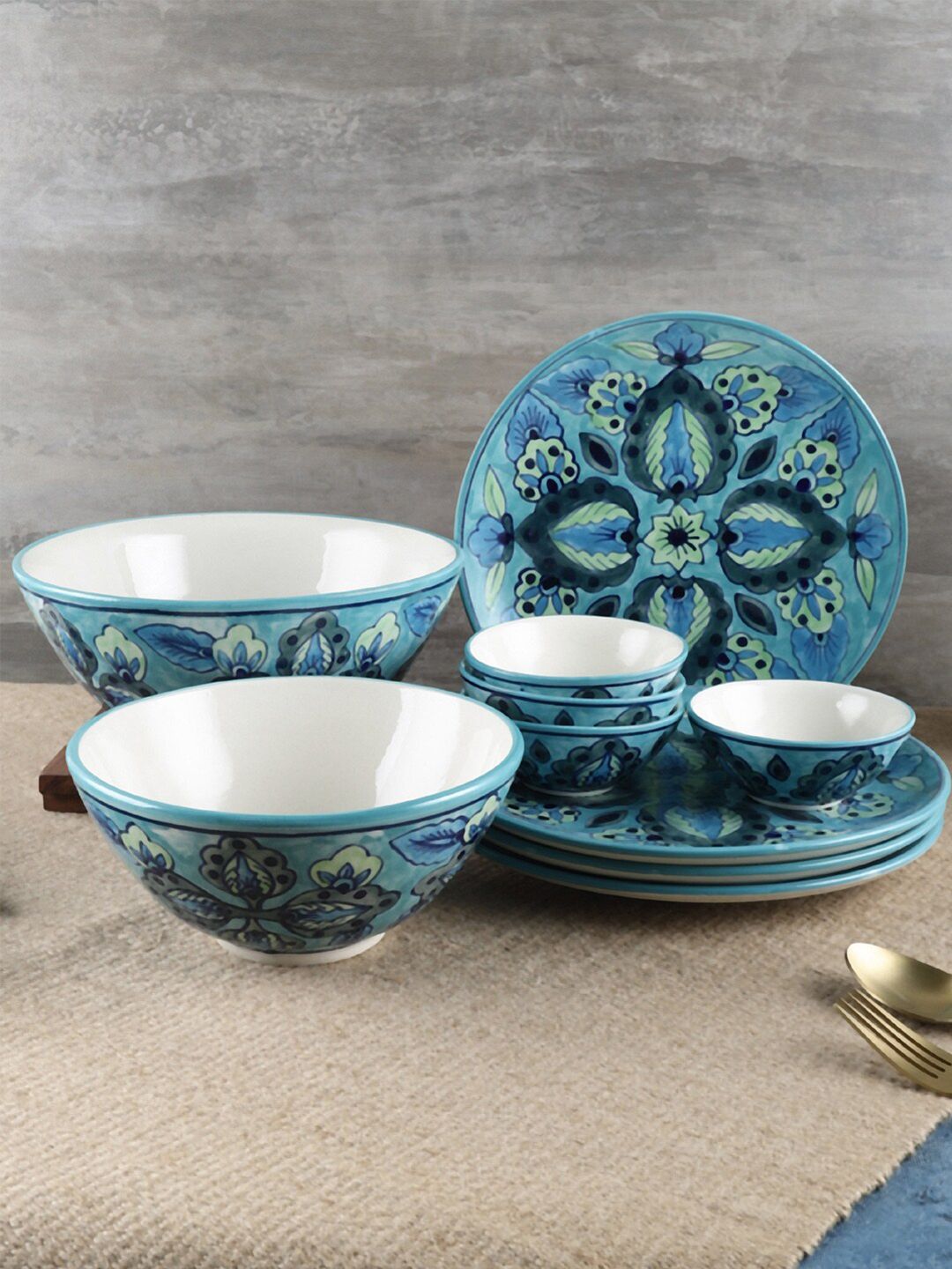 VarEesha Sea Green & White 10 Pieces Handcrafted and Hand Painted Printed Ceramic Glossy Dinner Set Price in India