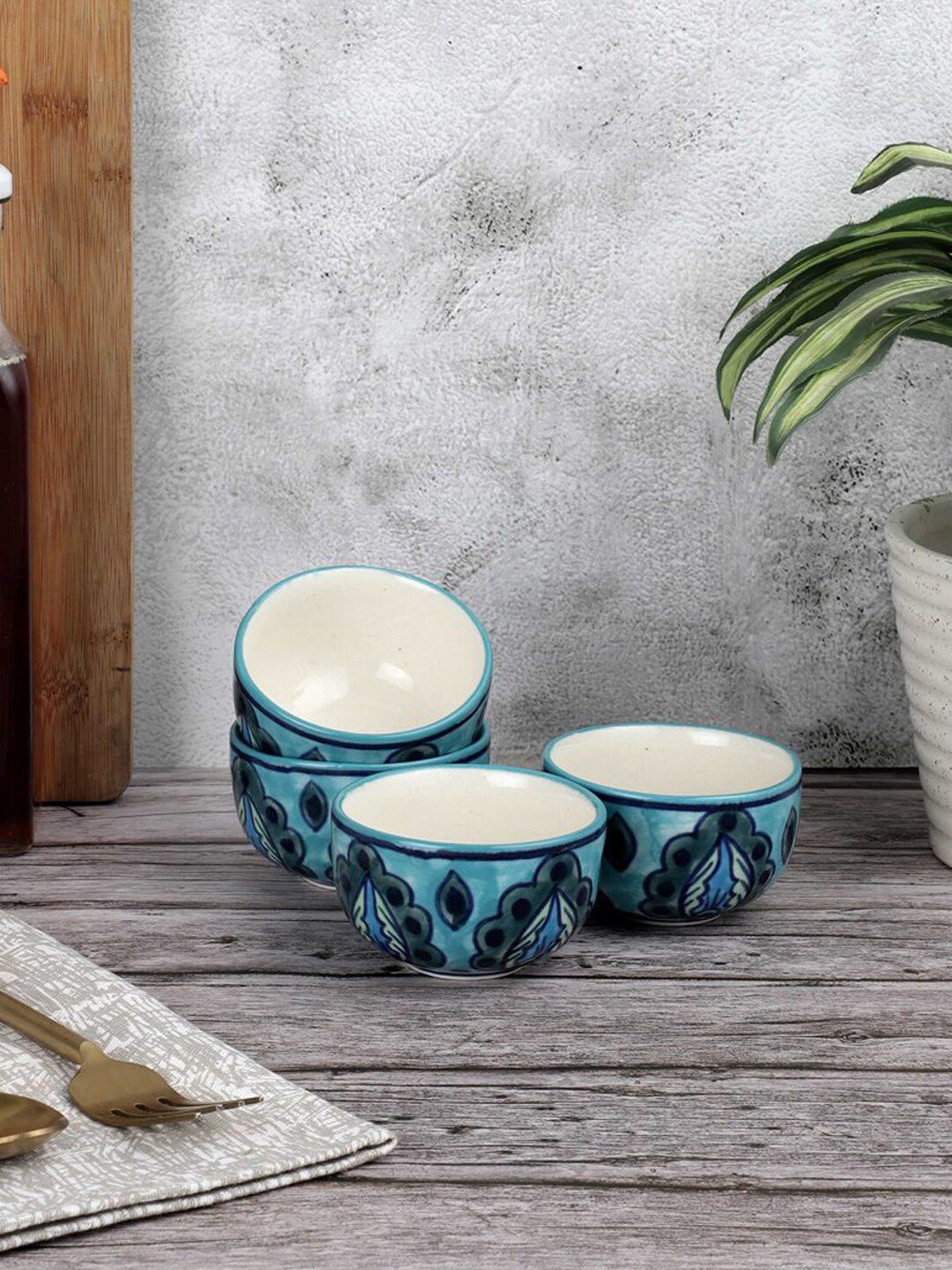 VarEesha Sea Green & White 4 Pieces Handcrafted and Hand Painted Printed Ceramic Glossy Bowls Price in India