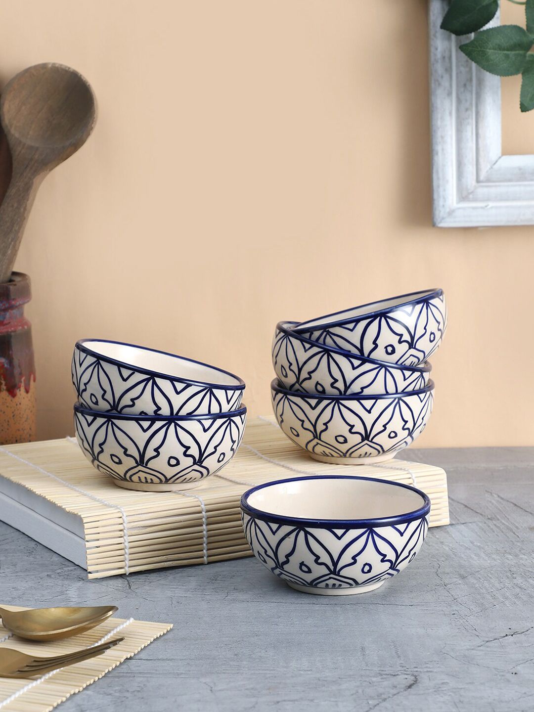 VarEesha Off White & Blue 6 Pieces Handcrafted and Hand Painted Printed Ceramic Glossy Bowls Price in India