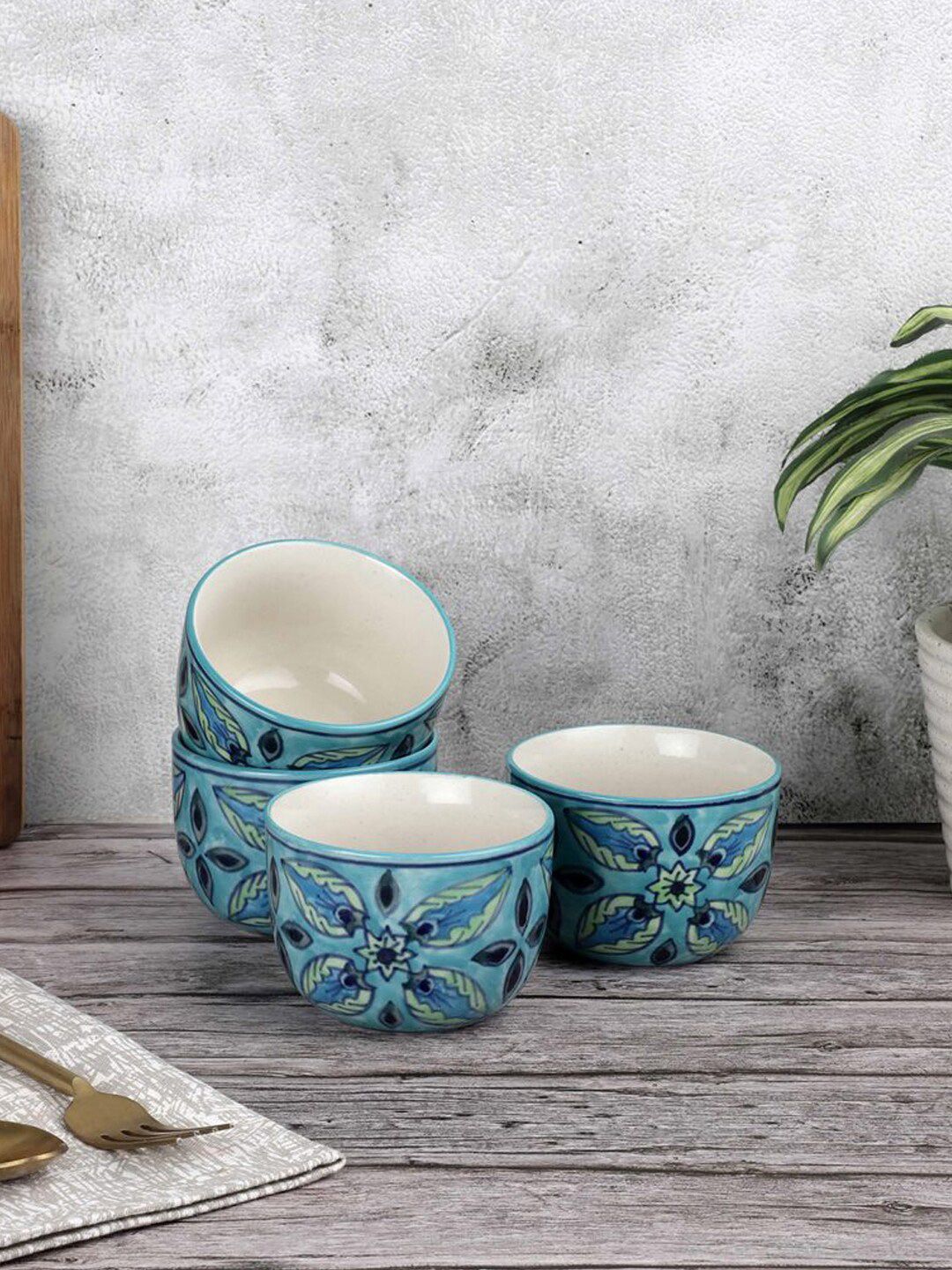 VarEesha Sea Green & Blue 4 Pieces Handcrafted and Hand Painted Printed Ceramic Glossy Bowls Price in India