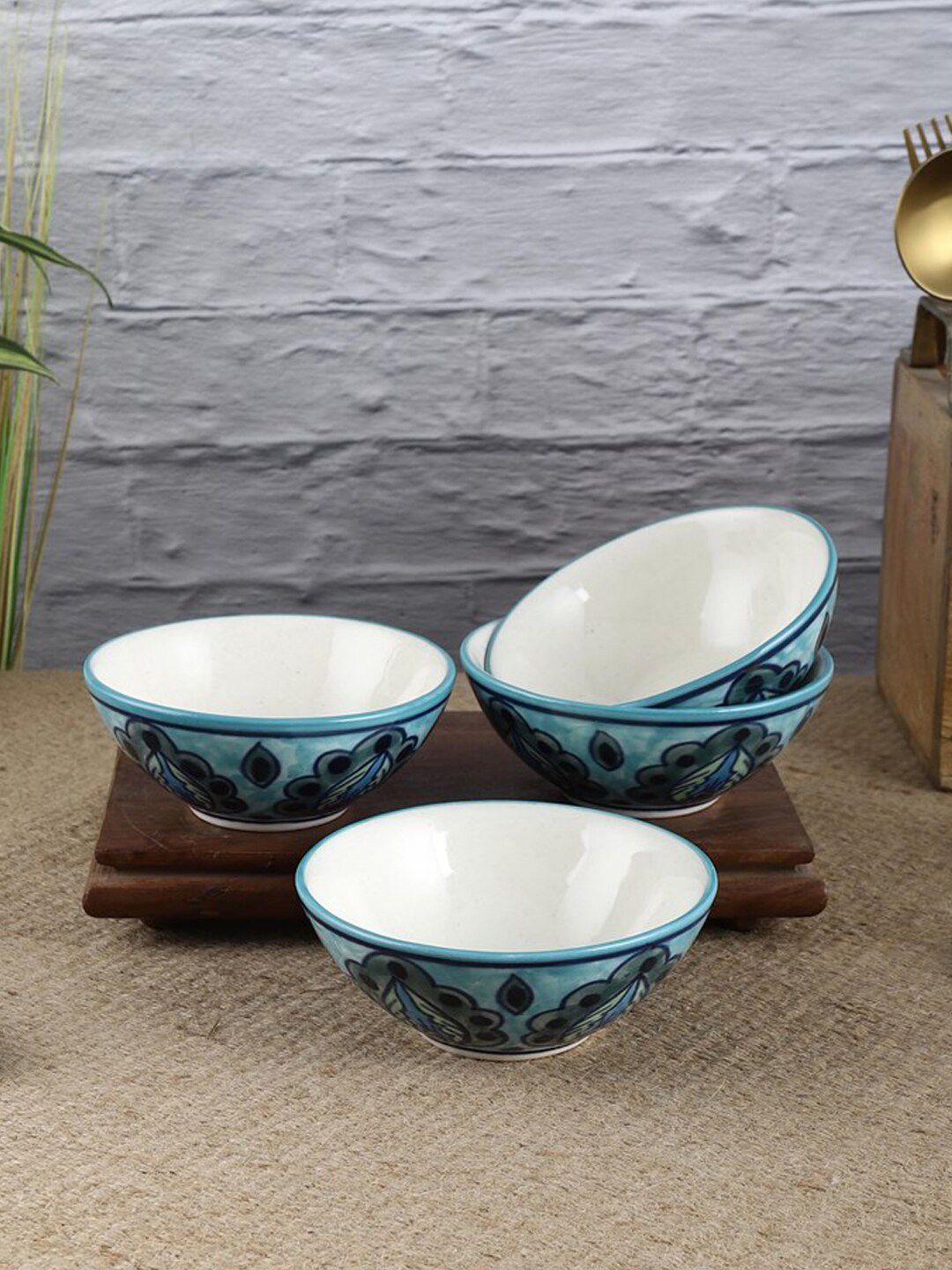 VarEesha Blue & White 4 Pieces Handcrafted and Hand Painted Printed Ceramic Glossy Bowls Price in India