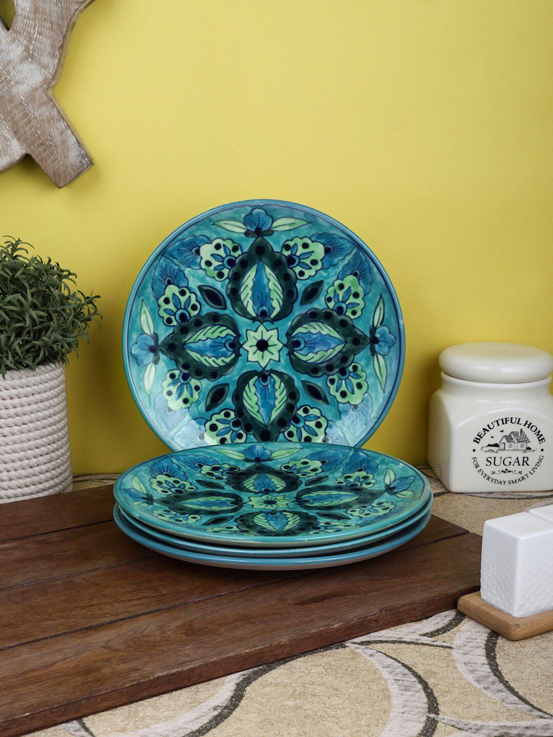 VarEesha Sea Green & Grey 4 Pieces Handcrafted and Hand Painted Printed Ceramic Glossy Plates Price in India