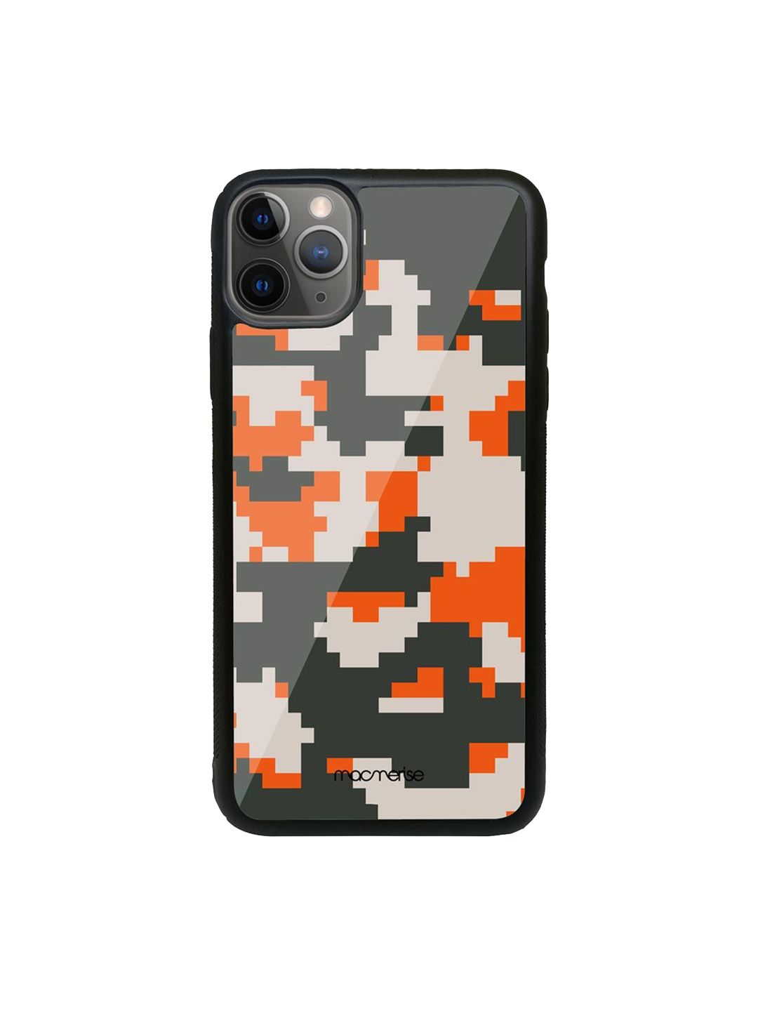 macmerise Black & Orange Colored Printed Camo Pixel Flame iPhone 11 Pro Max Glass Phone Back Case Price in India