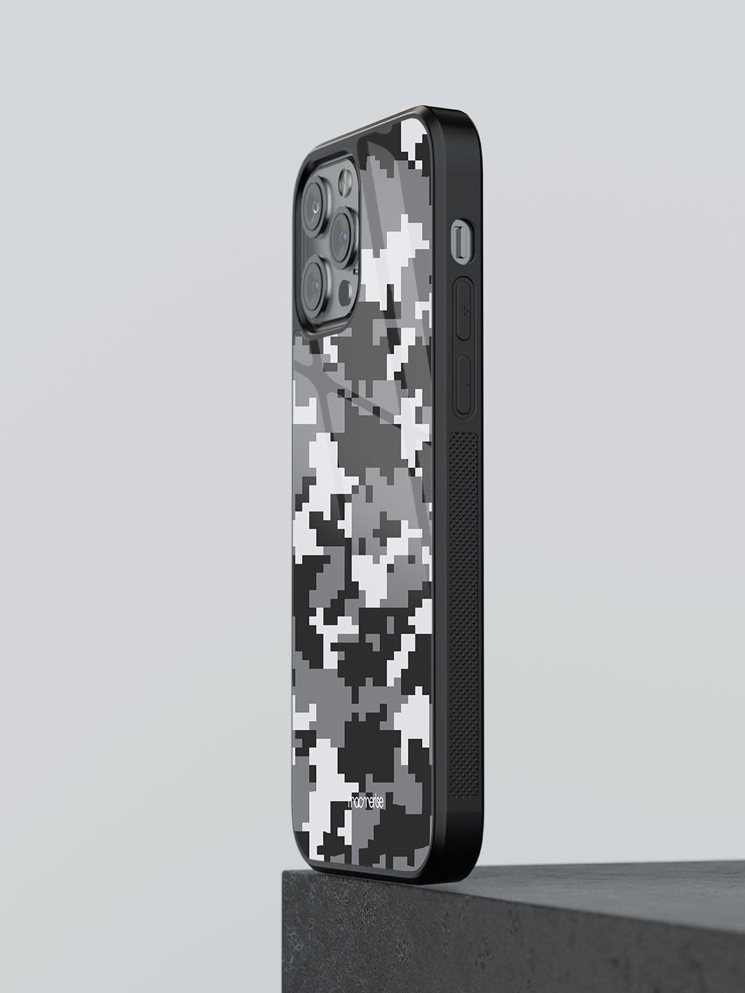 macmerise Black Printed Camo Pixel iPhone 12 Pro Glass Phone Back Case Price in India