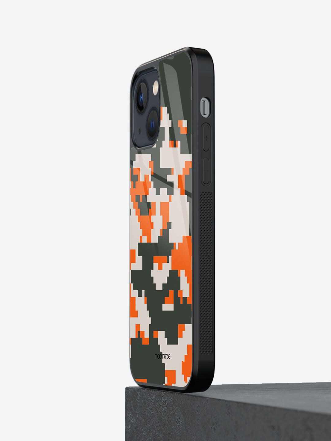 macmerise Grey & Orange Printed iPhone 13 Glass Phone Back Case Price in India