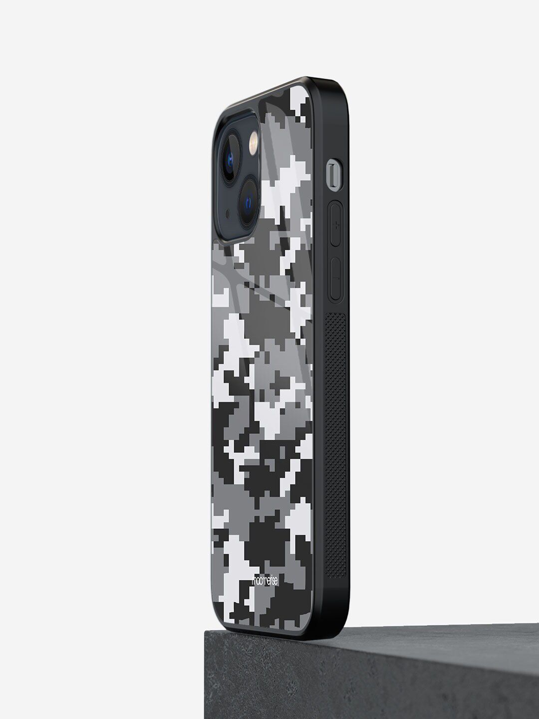 macmerise Grey Printed Camo Pixel iPhone 13 Mini Glass Phone Back Case Price in India