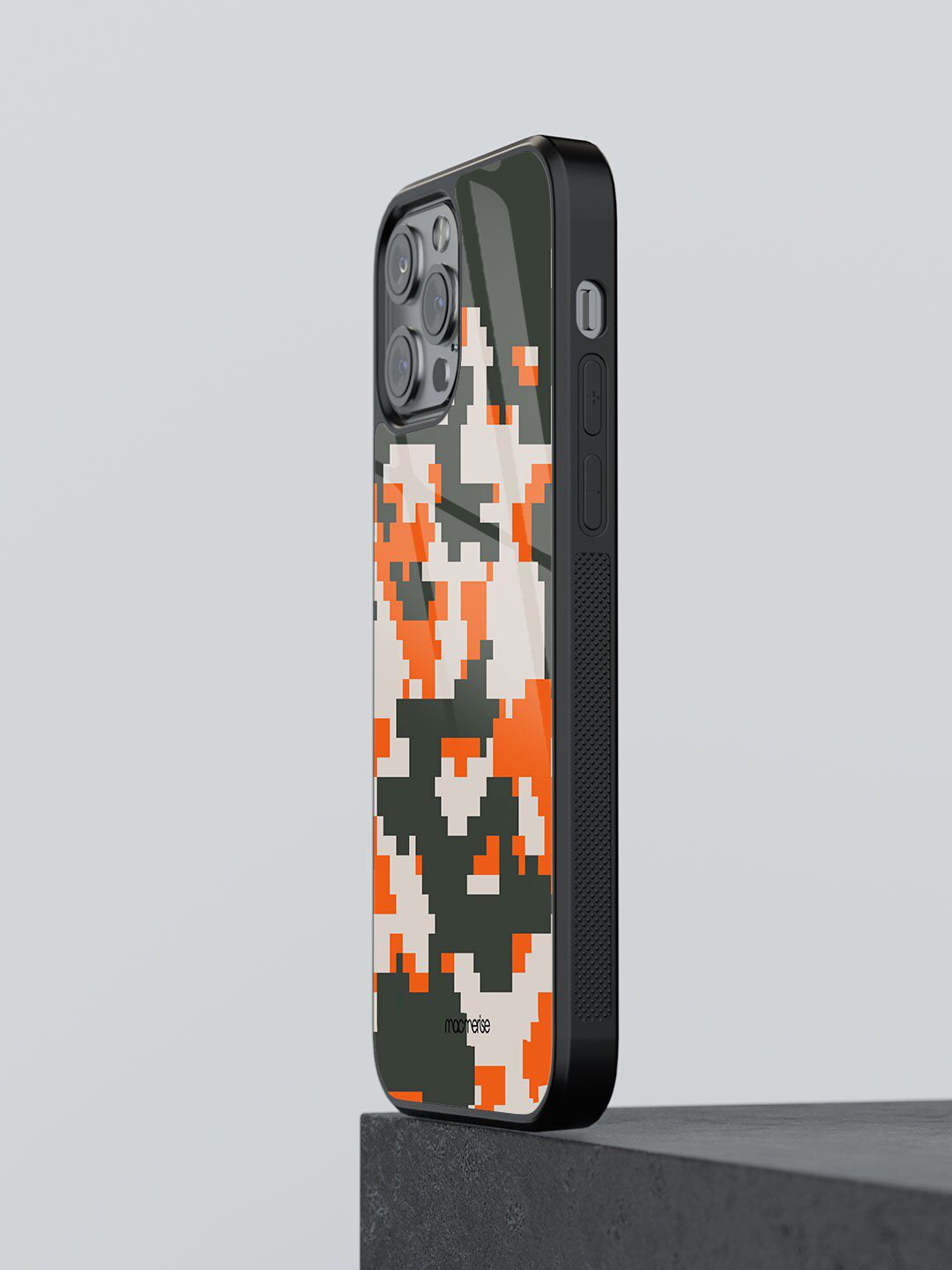 macmerise Grey & White Printed Camo Pixel Flame iPhone 12 Pro Glass Phone Back Case Price in India
