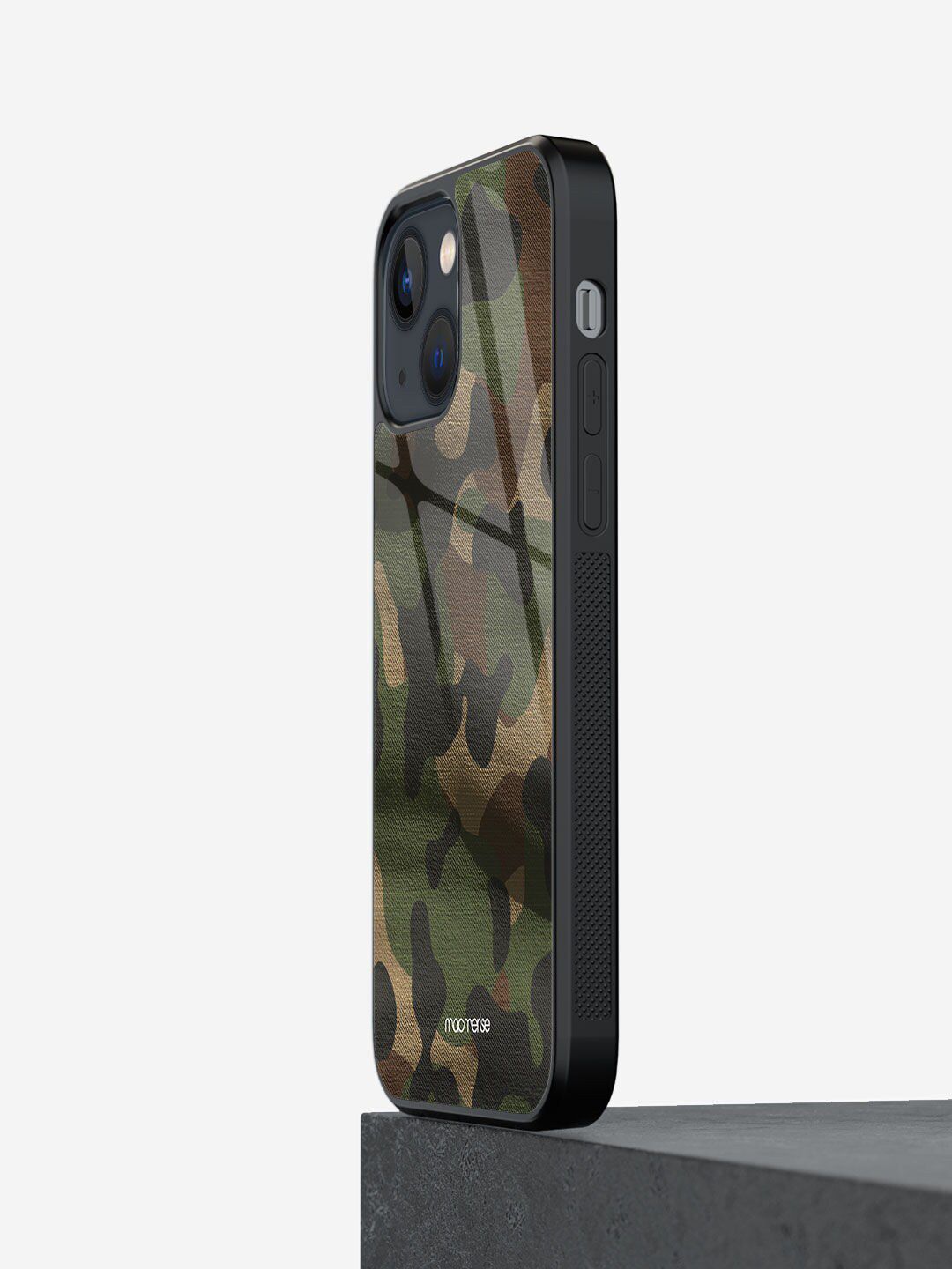 Macmerise Olive-Green Printed Camo Rifle iPhone 13 Glass Phone Back Case Price in India