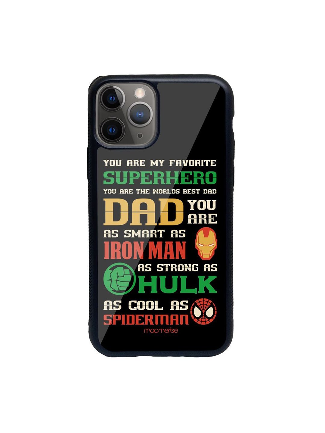 Macmerise Black Printed Superhero Dad iPhone 11 Pro Glass Phone Back Case Price in India