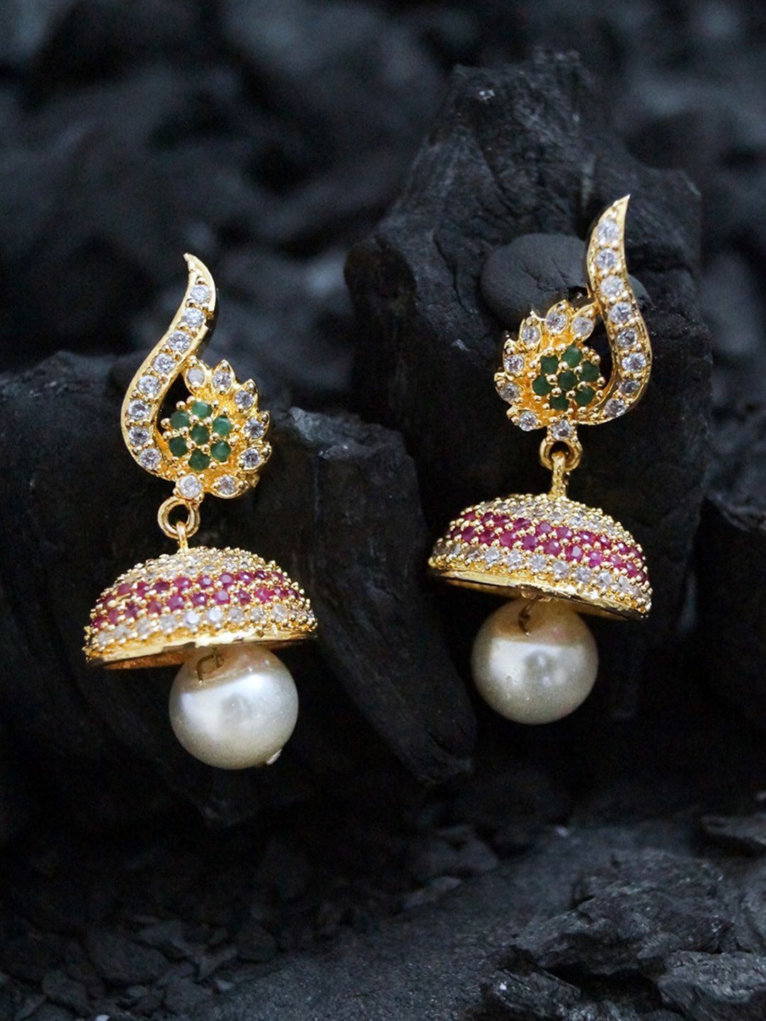 Rubans Gold-Plated & Green Dome Shaped Jhumkas Price in India