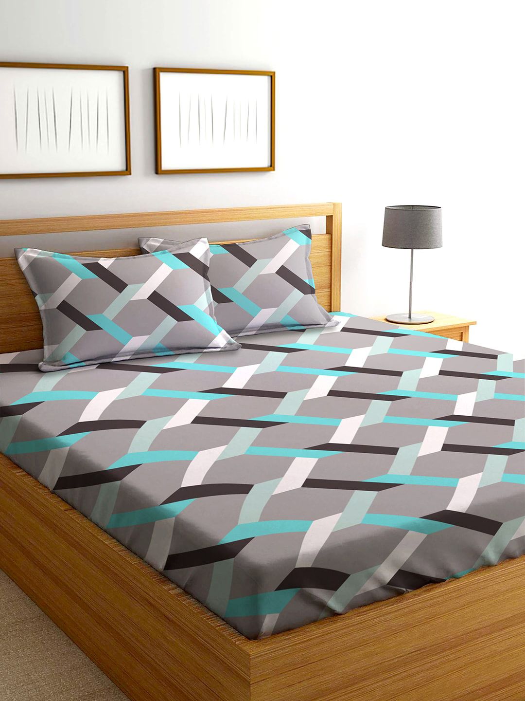 AEROHAVEN Grey & Blue Geometric 210 TC King Bedsheet with 2 Pillow Covers Price in India