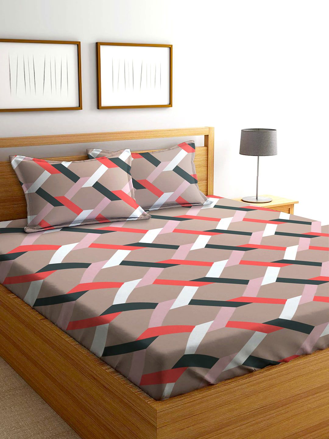 AEROHAVEN Brown & White Geometric 210 TC King Bedsheet with 2 Pillow Covers Price in India