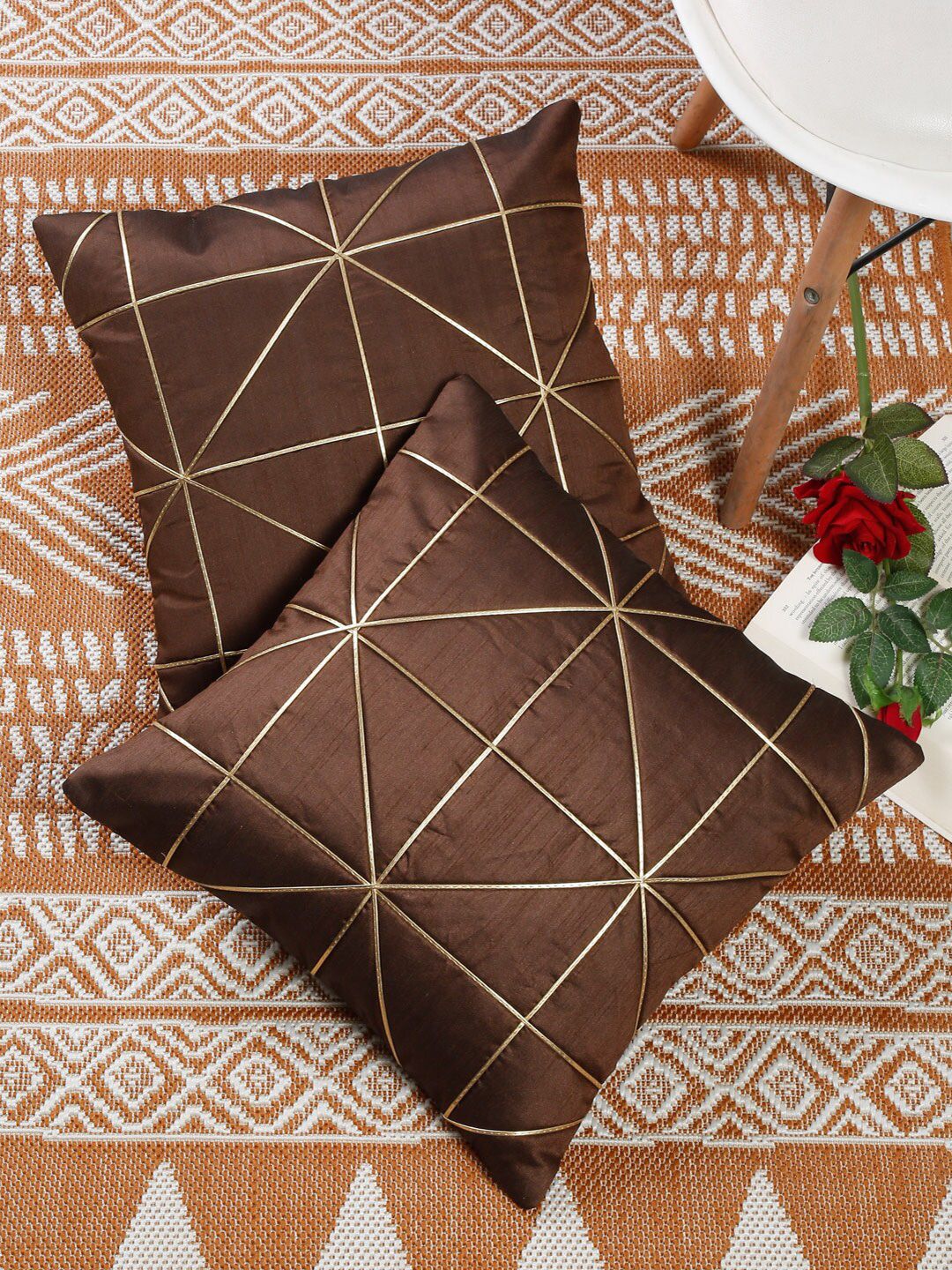 Slushy Mushy Coffee Brown & Gold-Toned Set of 2 Geometric Polyester Square Cushion Covers Price in India
