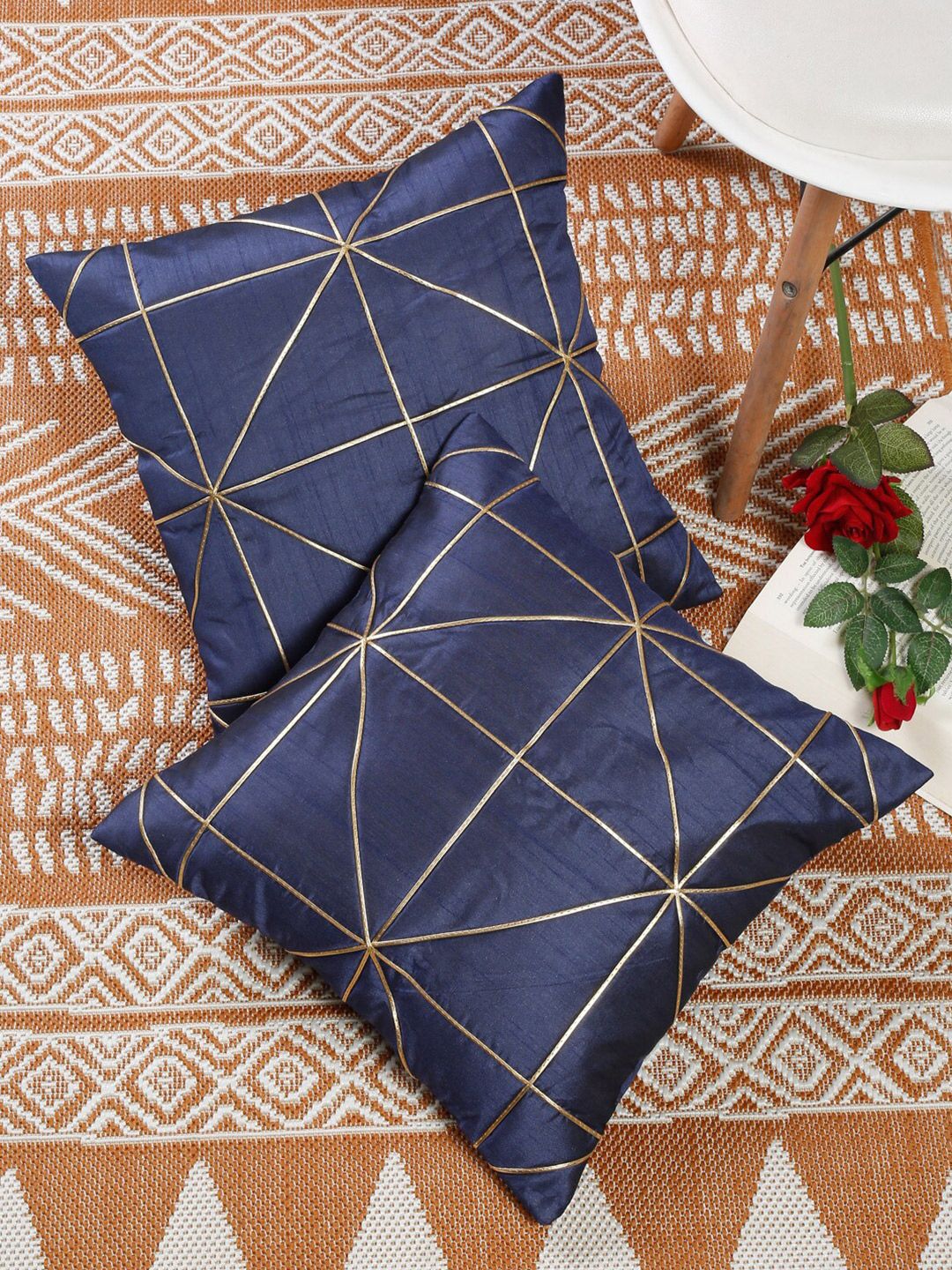 Slushy Mushy Navy Blue & Gold-Toned Set of 2 Geometric Polyester Square Cushion Covers Price in India