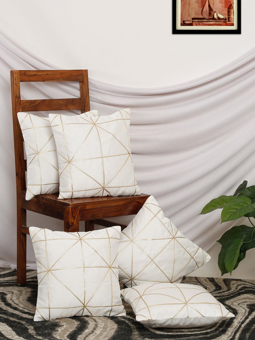 Slushy Mushy White & Gold-Toned Set of 5 Geometric Polyester Square Cushion Covers Price in India