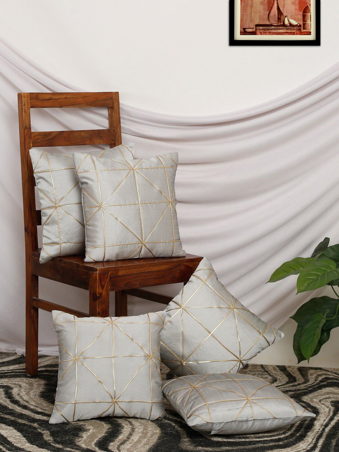 Slushy Mushy Silver-Toned & Gold-Toned Set of 5 Geometric Polyester Square Cushion Covers Price in India