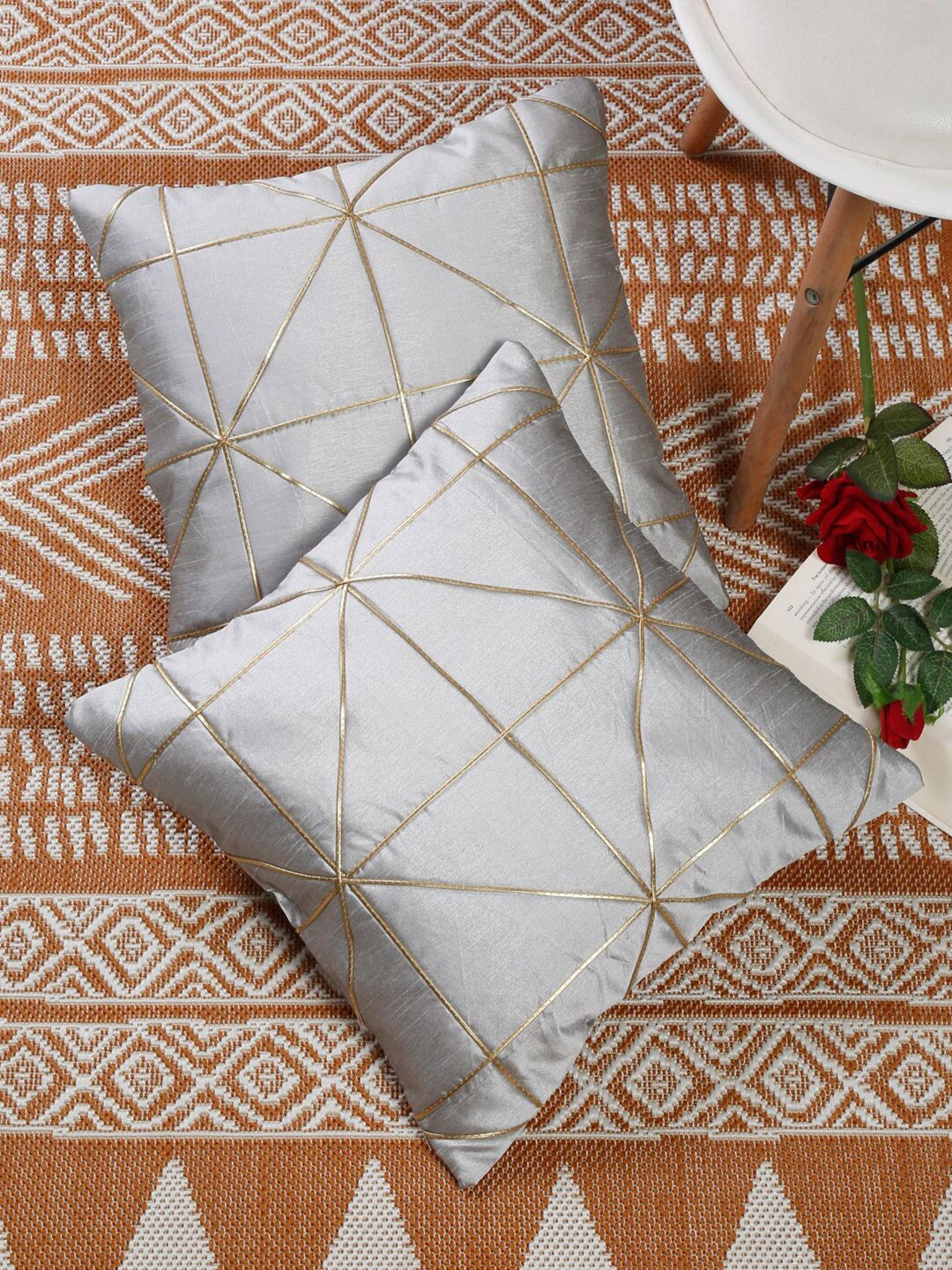 Slushy Mushy Silver-Toned & Gold-Toned Set of 2 Geometric Polyester Square Cushion Covers Price in India