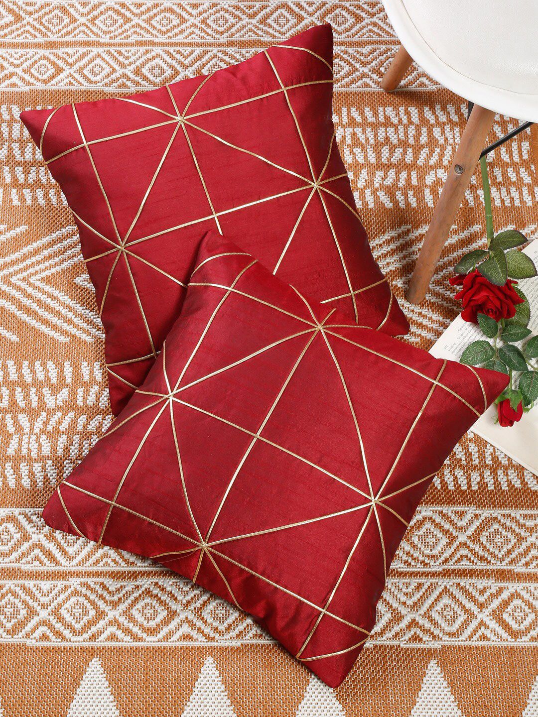 Slushy Mushy Red & Gold-Toned Set of 2 Geometric Polyester Square Cushion Covers Price in India