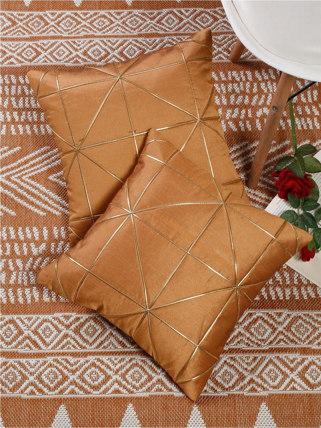 Slushy Mushy Tan & Gold-Toned Set of 2 Geometric Polyester Square Cushion Covers Price in India
