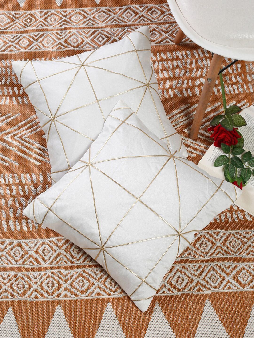Slushy Mushy White & Gold-Toned Set of 2 Geometric Polyester Square Cushion Covers Price in India