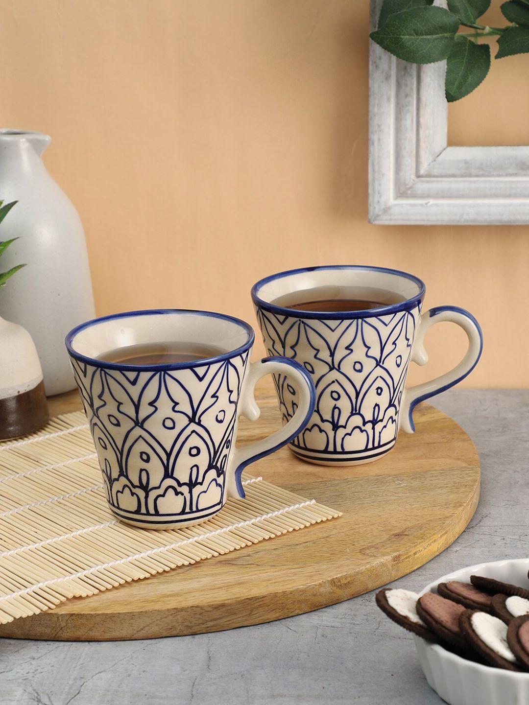 VarEesha Off White & Blue Set Of 2 Printed Ceramic Glossy Mugs Price in India