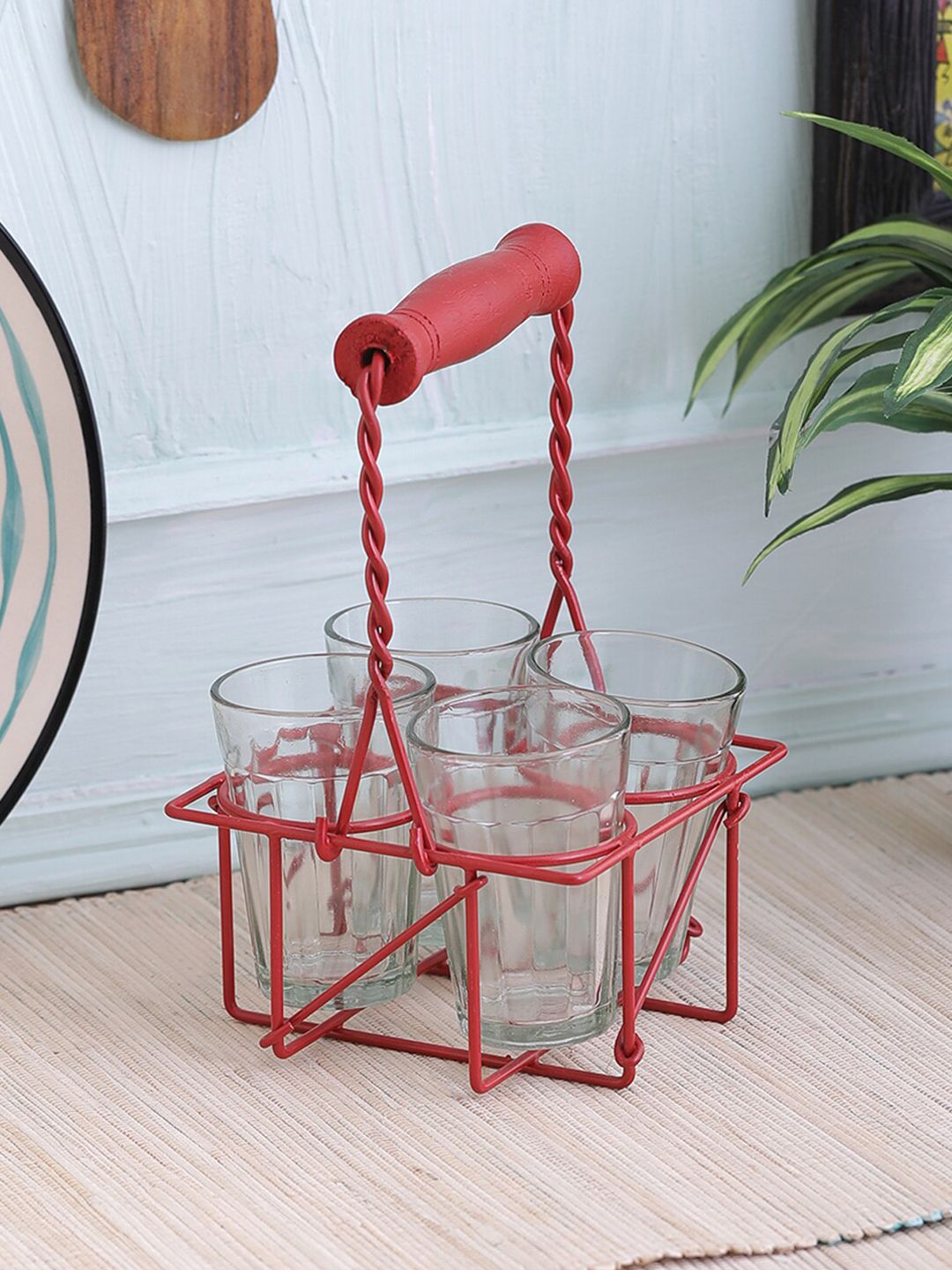 VarEesha Set of 4 Transparent & Red Solid Glass Cups & Holder Set Price in India