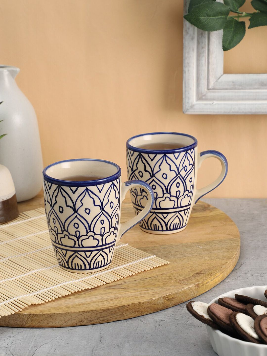 VarEesha Set of 2 Mehraab Off White & Blue Printed Ceramic Glossy Mugs Price in India