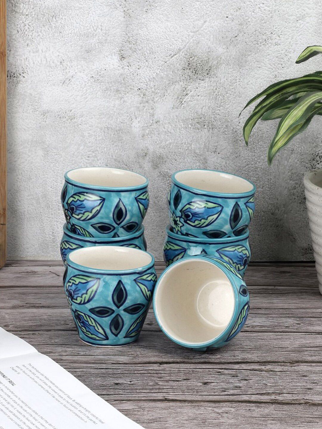 VarEesha Set Of 6 Sea Green & White Handcrafted &Hand Painted Printed Ceramic Glossy Cups Price in India