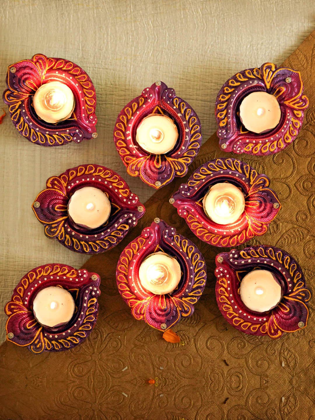 TIED RIBBONS Set Of 8 Purple & Brown Printed Diyas Price in India