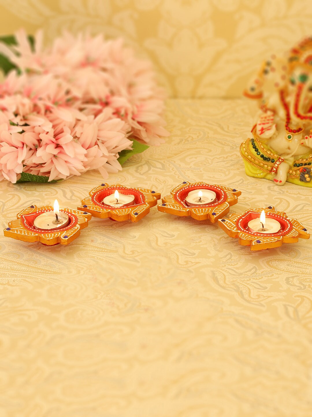 TIED RIBBONS Set Of 4 Yellow & Red Printed Terracotta Diyas Price in India