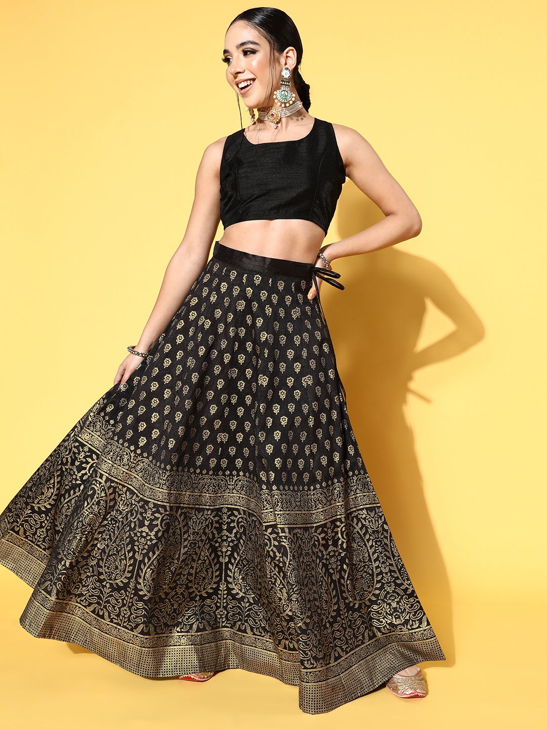 Shae by SASSAFRAS Black Printed Ready to Wear Lehenga Price in India