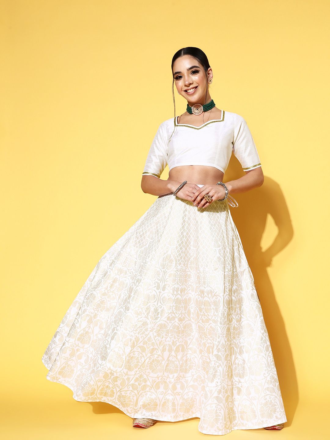 Shae by SASSAFRAS Beautiful White Printed Ready to Wear Lehenga Price in India