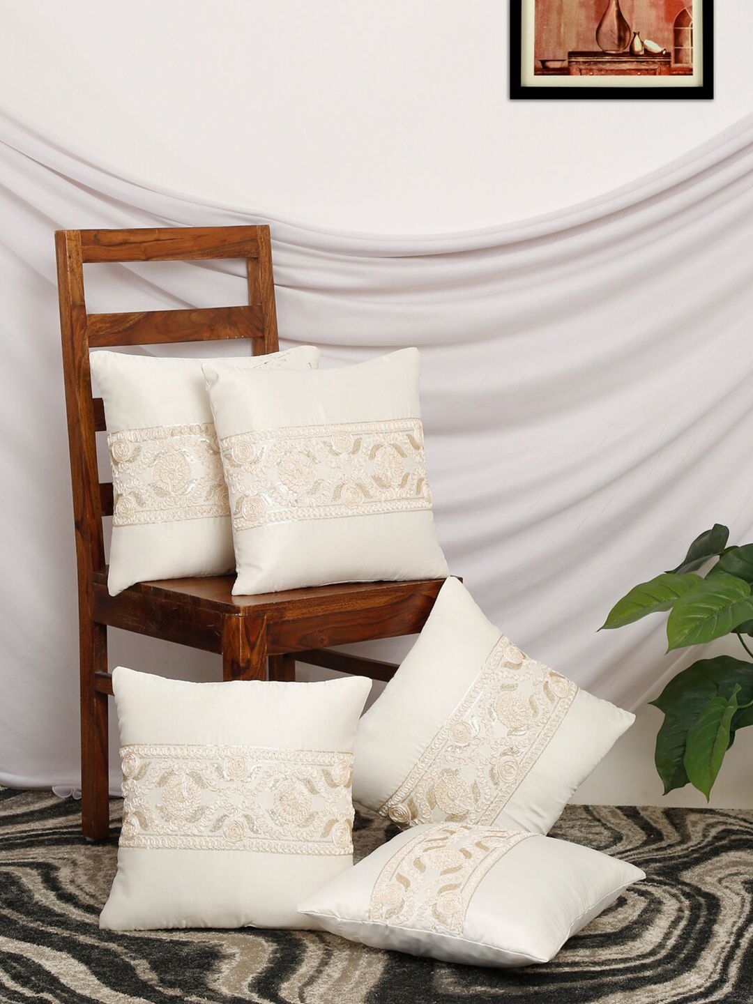 Slushy Mushy White & Gold-Toned Set of 5 Floral Square Cushion Covers Price in India