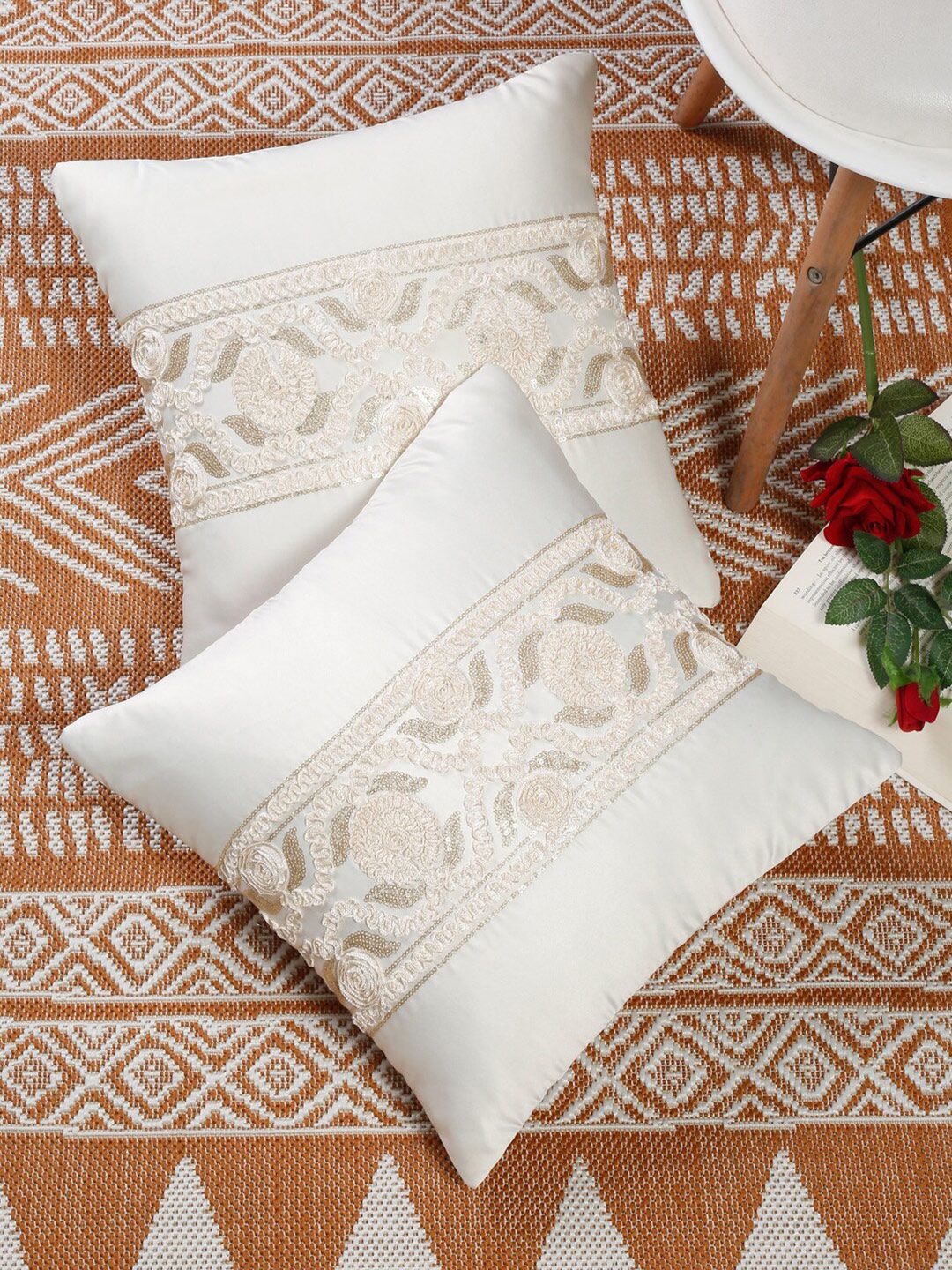 Slushy Mushy White Set of 2 Floral Square Cushion Covers Price in India