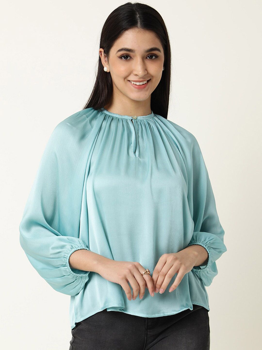 RAREISM Women Blue Keyhole Neck Extended Sleeves Top Price in India