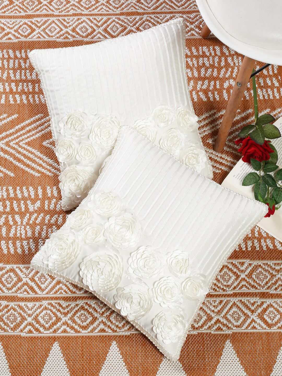 Slushy Mushy Off White Set of 2 Floral Square Cushion Covers Price in India