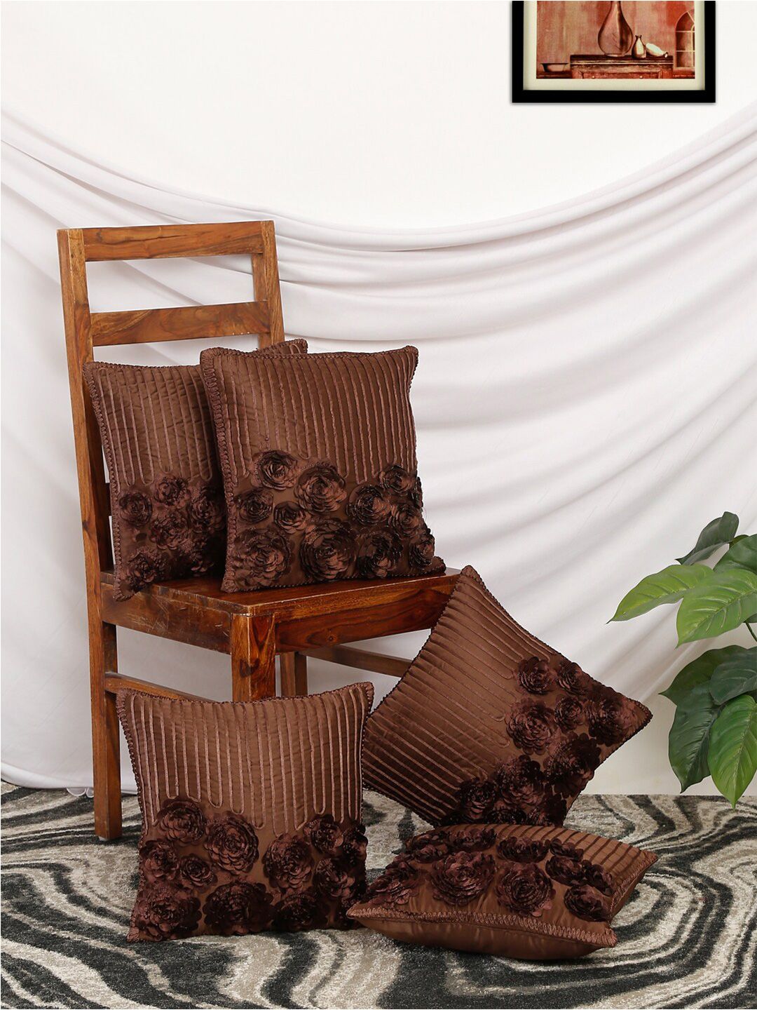 Slushy Mushy Brown Set of 5 Floral Square Cushion Covers Price in India