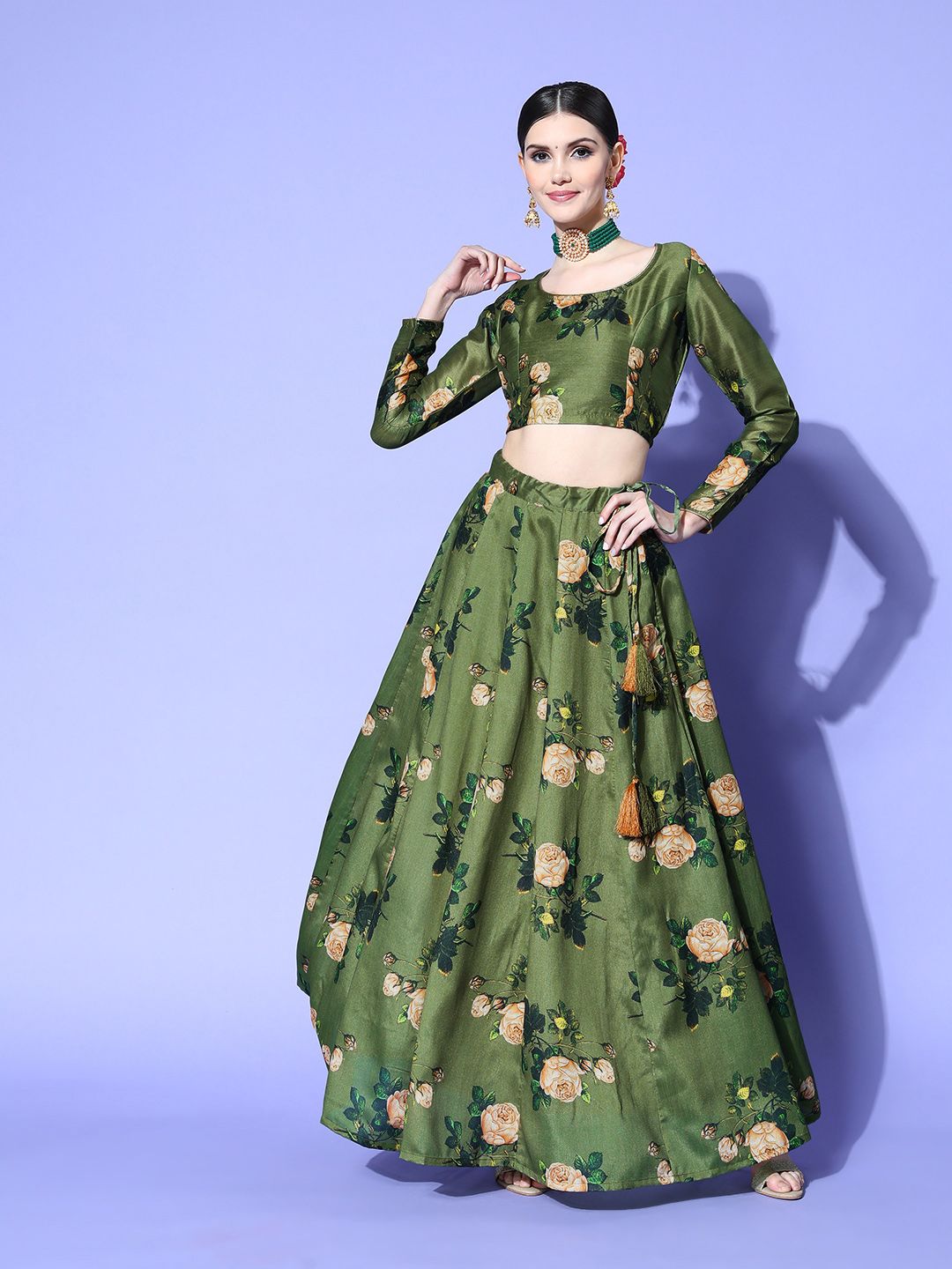 Shae by SASSAFRAS Green Printed Ready to Wear Lehenga Price in India