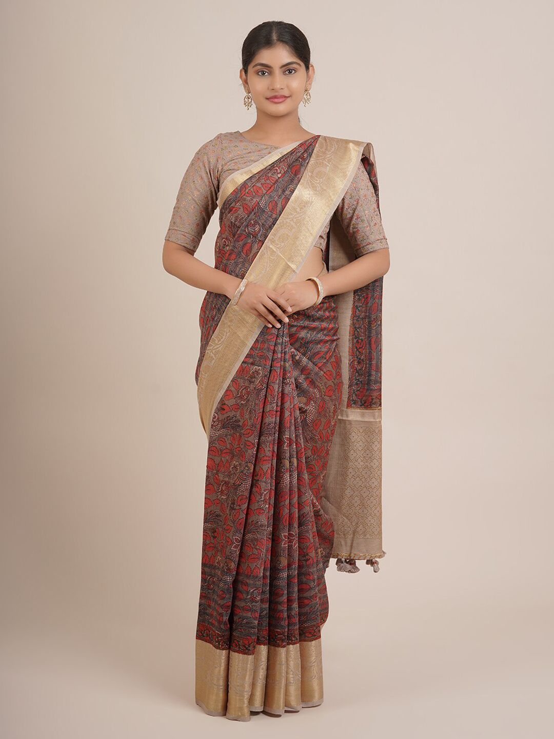 Pothys Grey & Red Kalamkari Zari Pure Silk Saree Price in India